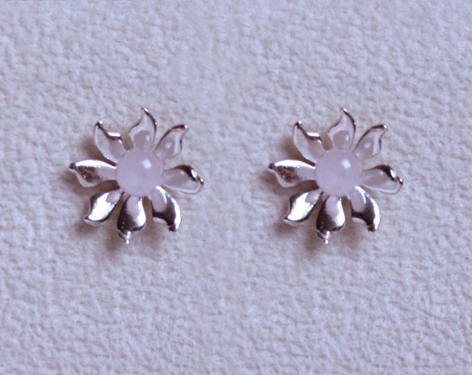 Handmade 'Ma Petite Fleur' earrings. Traditionally hand made, sterling silver gemstone flower stud earrings with Rose Quartz.