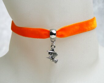 Handcrafted  'Little Witch' Choker. Tiny Tibetan silver witch on Orange, Wine, Black, Green, Purple, or Brown velvet ribbon.