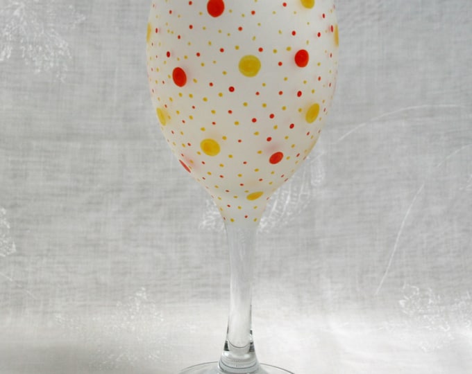 Dotty about You!  Orange & lemon. Exclusive design, hand painted, wine glass with orange and yellow dots and spots encircling an etched bowl