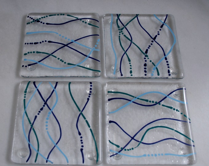 Fused glass coasters. 'Serpentine - Water'  Turquoise, Teal & Dark Blue on a clear base. Squiggly coasters. Choose 2 or 4. Can be customized