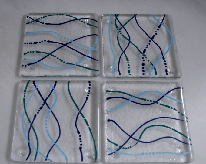 Fused glass coasters. 'Serpentine - Water'  Turquoise, Teal & Dark Blue on a clear base. Squiggly coasters. Choose 2 or 4. Can be customized