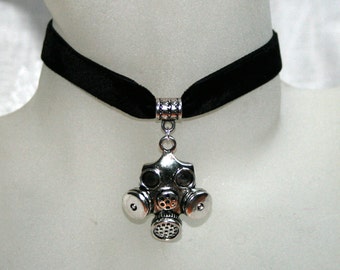 Handcrafted 'Gas Mask' Choker. Tibetan silver Gas Mask set on a velvet ribbon - Wine, Black, Green, Purple, Brown, White or Ivory  ribbon.