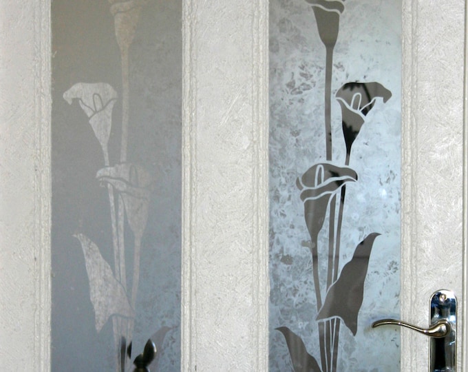 Original design 'Calla Lily' Acid etched glass door panels. Matching pair for panelled doors. Clear design on exclusive 'mottled' background