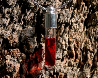 Vampire's Blood. Hand blown glass & silver plated pendant with Vampire's blood inside! Blood Vial. Blood test tube necklace. Blood phial.