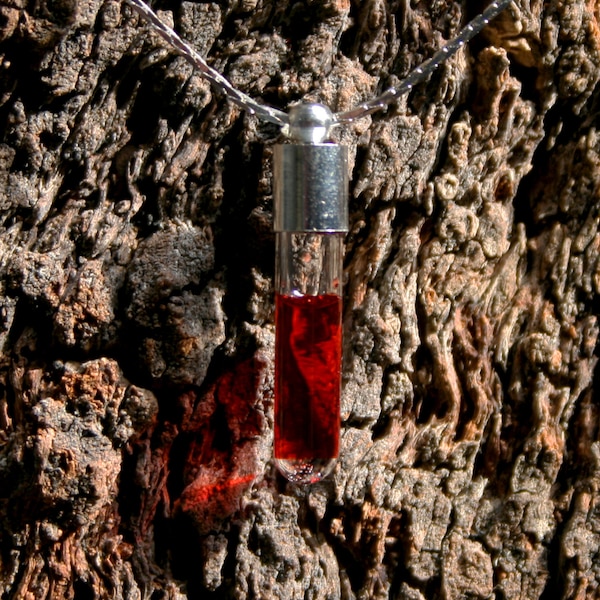 Vampire's Blood. Hand blown glass & silver plated pendant with Vampire's blood inside! Blood Vial. Blood test tube necklace. Blood phial.