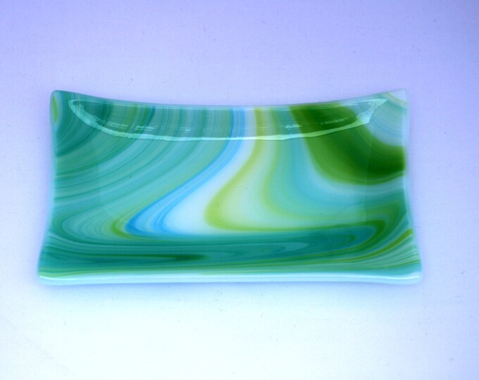 Forest Swirl (D#4) - A unique, hand made, fused glass, retro style trinket / soap / sushi dish in swirling green hues.