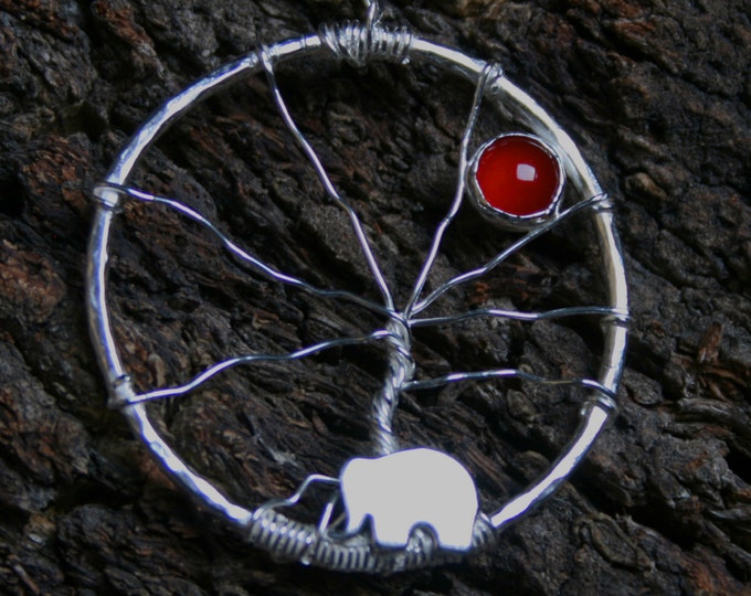 Tree of Life - African Sunset  - Elephant and Setting Sun Pendant. Sterling Silver & Carnelian. 'Forest friends' collection. Eco friendly.