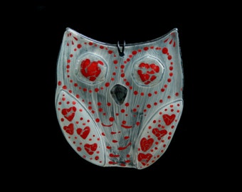 OOAK Hand painted, fused glass hanging ornament. 'Owlet - rustique - Loved up!'  Cute baby owl. 3D fused glass owl. Ivory and red.