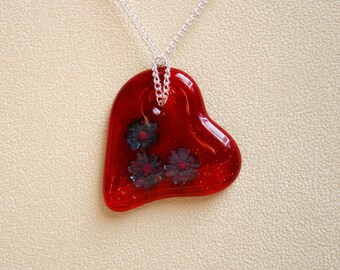 Fused glass 'Blossom' pendant. Pure copper flowers in a transparent red heart glass pendant. (choose sterling silver or silver plated chain)