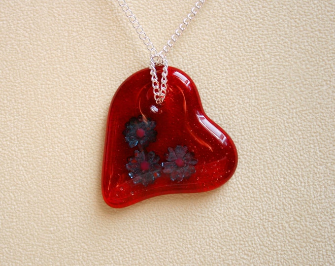 Fused glass 'Blossom' pendant. Pure copper flowers in a transparent red heart glass pendant. (choose sterling silver or silver plated chain)