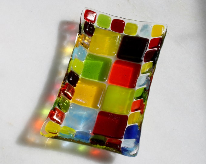 Bejewelled, mosaic series, fused glass soap/ trinket/ sushi/ chocolates dish in a range of vibrant hues. Red/Yellow/Orange/Green/Blues