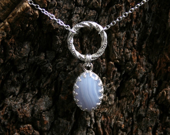 PERMANENTLY LOCKING, Fancy O Ring Day Collar / Slave Necklace. Principessa blue lace agate dropper. Sterling silver Story of 'O' collar.