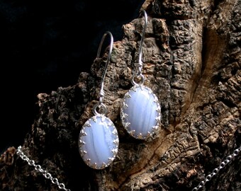 Blue Lace Agate 'Principessa' Earrings. Classical Princess/ Victorian design. Solid Sterling Silver. Fish hooks ear wires for pierced ears.