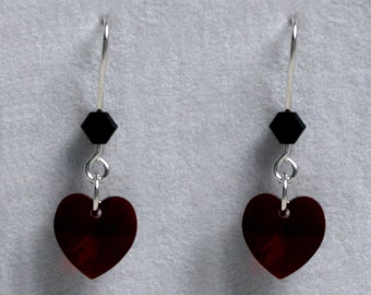 Handmade 'Birthday' earrings. January, Garnet, Birthstone, Birth sign, Zodiac, Capricorn. Sterling silver & Swarovski crystal heart earrings