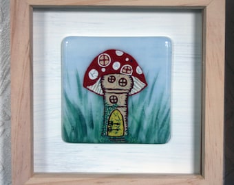 Shroom House - Framed Kiln Fused art glass painting. Fairy Toadstool House. Natural wood frame. Glass wall art. 19 x 19cm (7.5 x 7.5")