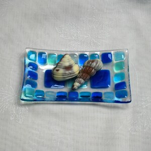 Summer Seas D2, mosaic series, fused glass soap / trinket / sushi / chocolates dish in a range of blues. Bathroom / Kitchen / Bedroom image 2