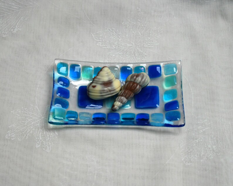 Summer Seas D2, mosaic series, fused glass soap / trinket / sushi / chocolates dish in a range of blues. Bathroom / Kitchen / Bedroom image 2