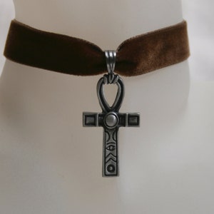 Handcrafted &#39;Crux Ansata&#39; Choker. Pewter Ankh set on a Wine, Black, Green, Purple, Brown, White or Ivory velvet ribbon.