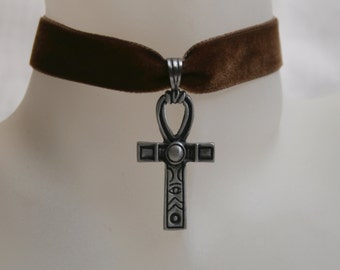 Handcrafted 'Crux Ansata' Choker. Pewter Ankh set on a Wine, Black, Green, Purple, Brown, White or Ivory velvet ribbon.