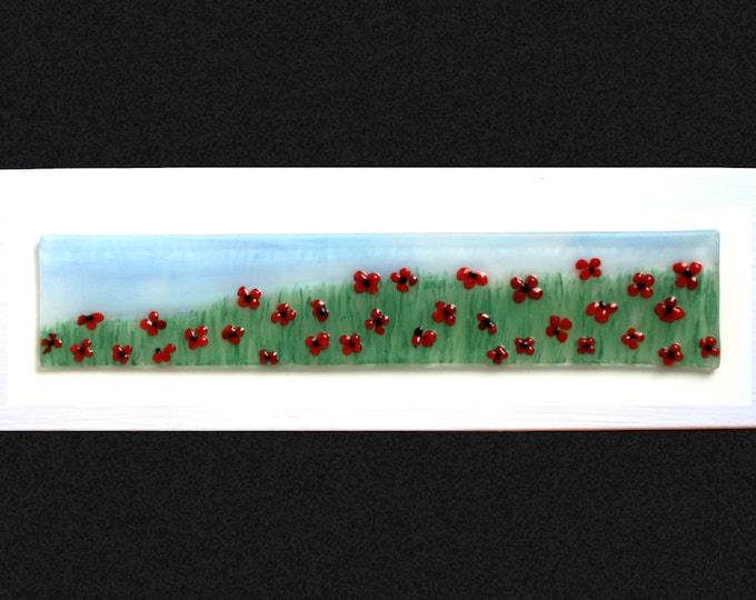 Fused glass painting 'Red for Remembrance' Hand painted Poppy field with raised fused glass flowers, set on a white frame. 34x10cm (13.5x4")