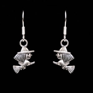 Handcrafted 'Little Witch' Earrings. Tiny Tibetan silver witches on silver plated fish hook ear wires, with or without gift box. Halloween image 1