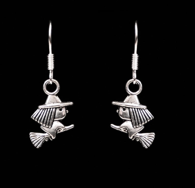 Handcrafted 'Little Witch' Earrings. Tiny Tibetan silver witches on silver plated fish hook ear wires, with or without gift box. Halloween image 1