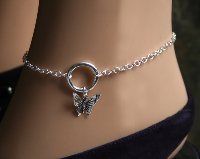 PERMANENTLY LOCKING Butterfly dropper 'O' ring Slave Ankle Chain Bracelet. BDSM Anklet. Sterling silver. Infinity / Eternity / Captive ring.