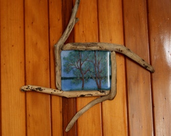 Serenity - Kiln Fused glass 3D painting. Set in a natural driftwood frame. Glass wall art / panel. Total size 35.5 x 34cm (14 x 13 1/2")