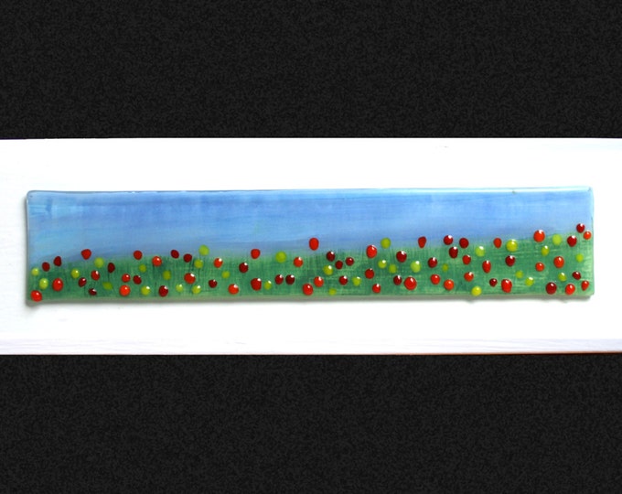 Fused glass painting 'Paradise' Hand painted Tulip field with raised fused glass flowers, set on a white frame. 34x10cm (13.5x4")