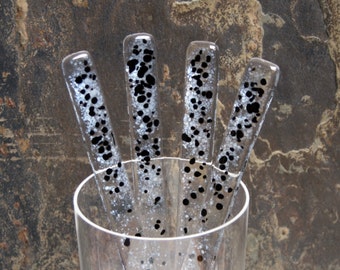 Fused glass Swizzle sticks 'Cosmos - Black & White' A set of 4 drink stirrers. Cocktail stirrers.  Boxed gift set. Speckles. Speckly .