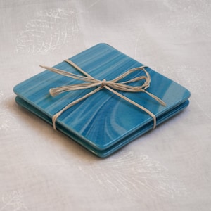 Fused glass coasters. 'Caribbean Seas' A pair of 2 swirly coasters, made in stunning swirls of blue and turquoise. image 1