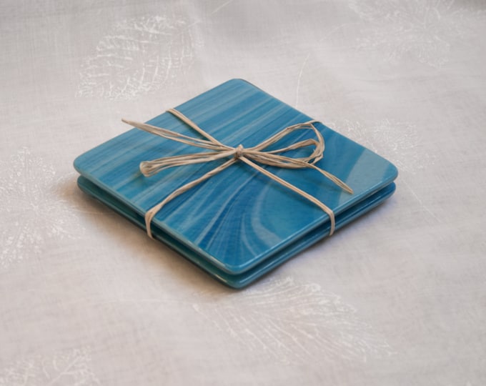 Fused glass coasters. 'Caribbean Seas' A pair of 2 swirly coasters, made in stunning swirls of blue and turquoise.