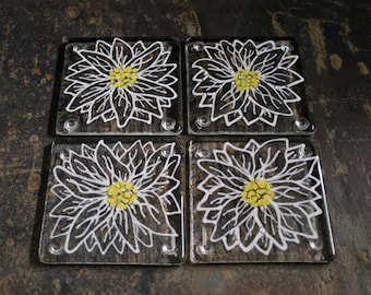 Kiln Fused glass coasters. 'Daisy'  Large White flowers with a yellow center. Choose a clear art glass or recycled Eco-friendly glass base.