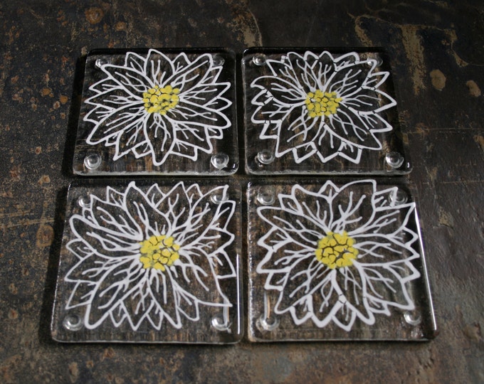 Kiln Fused glass coasters. 'Daisy'  Large White flowers with a yellow center. Choose a clear art glass or recycled Eco-friendly glass base.