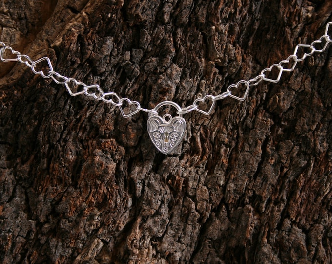 Discrete PERMANENTLY LOCKING Sterling silver Day Collar / Slave Necklace. Fancy Heart link chain BDSM choker. Choose plain or fancy padlock.