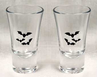 Bat Shot in Black - Set of Six of hand enameled shot glasses featuring a trio of beautiful black bats. Dishwasher safe!