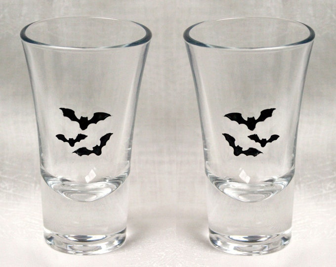 Bat Shot in Black - Set of Six of hand enameled shot glasses featuring a trio of beautiful black bats. Dishwasher safe!