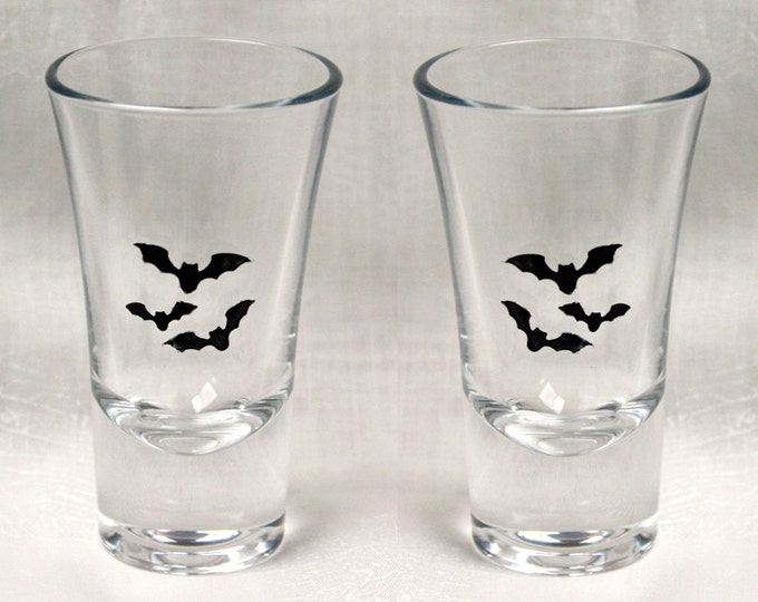 Bat Shot in Black - Set of Six of hand enameled shot glasses featuring a trio of beautiful black bats. Dishwasher safe!