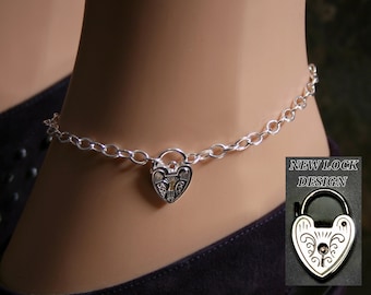 Discrete Padlock Slave Ankle Chain Bracelet. Plain or fancy padlock BDSM Anklet. Sterling silver. Choose plain or fancy engraved padlock.