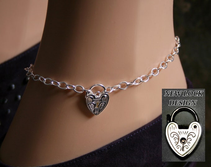 Discrete Padlock Slave Ankle Chain Bracelet. Plain or fancy padlock BDSM Anklet. Sterling silver. Choose plain or fancy engraved padlock.