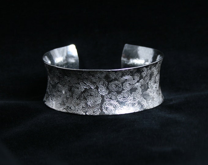 Medium anticlastic cuff bracelet 'Paisley' Traditionally hand made cuff, with a hand stamped pattern. Fully UK Hallmarked Sterling Silver