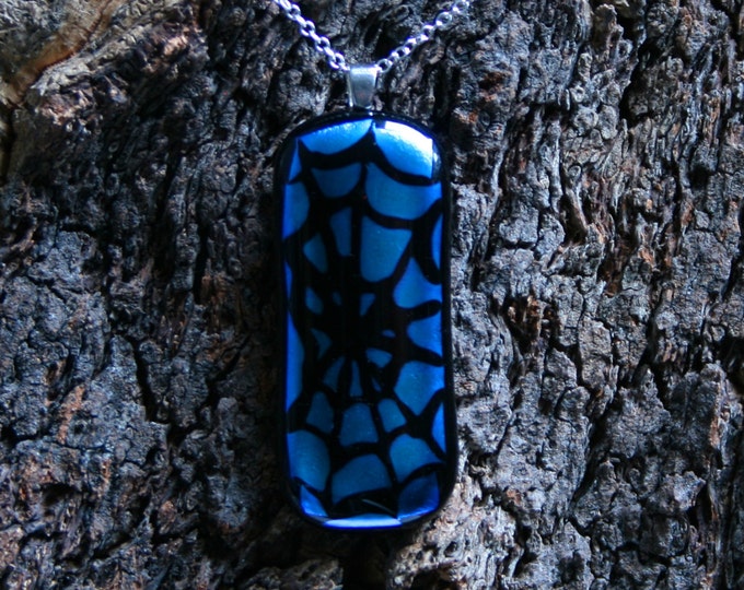 Handmade Unique Dichroic Fused Glass Pendant 'Blue Cobweb' On a Sterling Silver 925 bail. (choose sterling silver or silver plated chain)