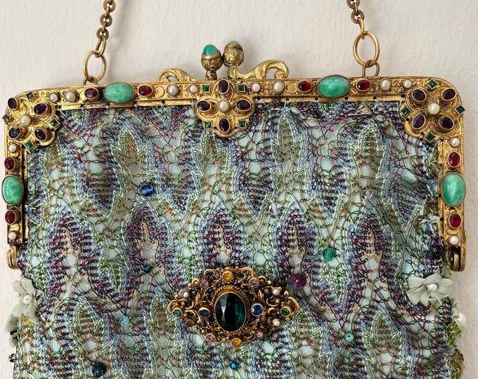 Antique jewelled purse frame remade in vintage silk