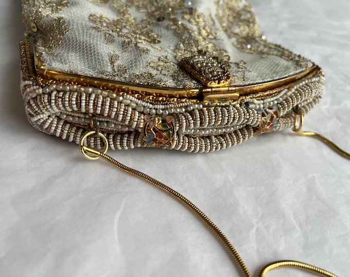 Antique  micro beaded purse frame remade in French gold beaded lace over  silver silk.