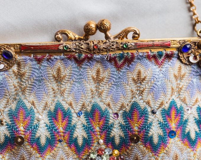 Antique jewelled purse frame remade in vintage silk