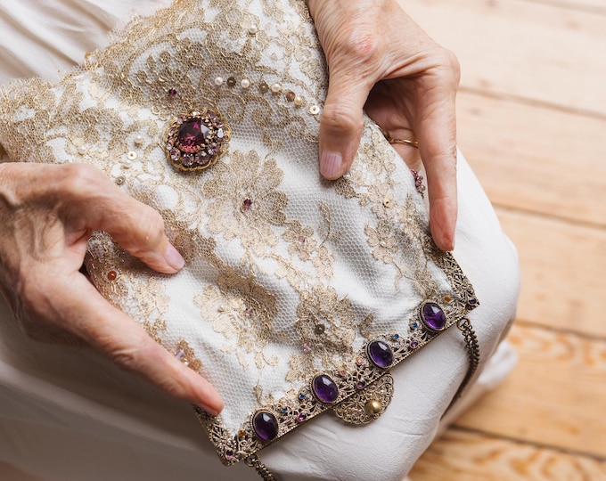 Antique Gilt Purse with Amethyst Stones & Gold French Lace