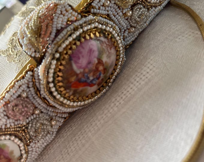 A Limoges porcelain Cameo Beaded Purse: Upcycled Lace Bridal Bag .