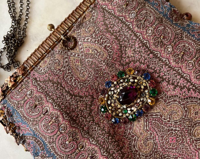 Antique carved gilt purse frame UpCycled and remade in antique silk shawl fabric .