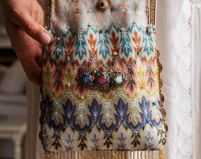 Antique jewelled purse frame remade in vintage silk
