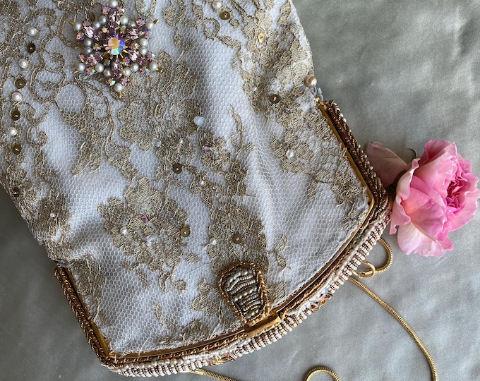 Antique  micro beaded purse frame remade in French gold beaded lace over  silver silk.
